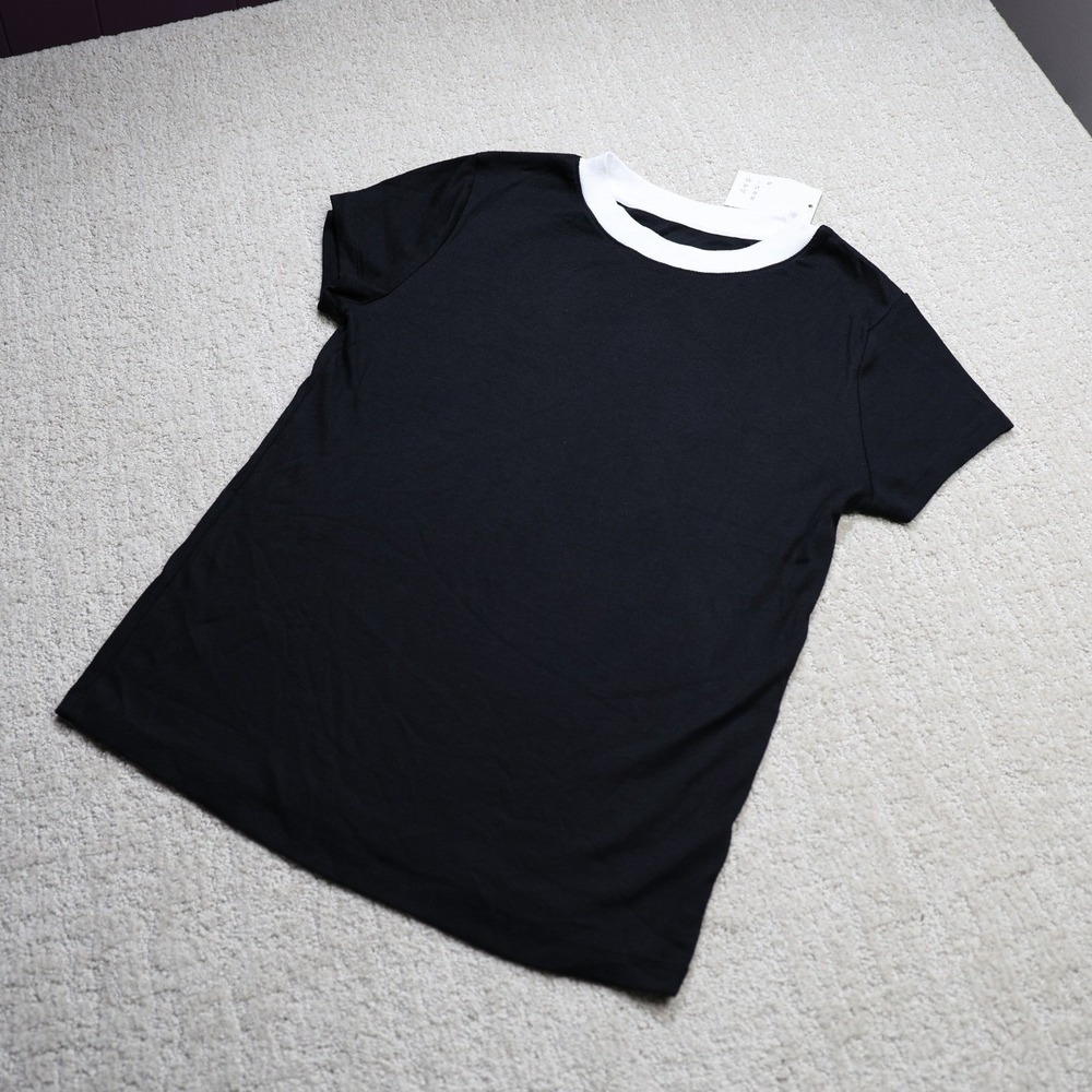 A New Day Womens Black White Ringer Tee Ribbed Short Sleeve T-Shirt Size Large